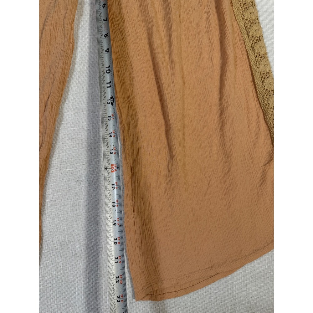 Salty Lemon Women Tan Crinkle Rayon 2 Piece Set Smocked Top Wide Leg Pants L - Picture 11 of 13
